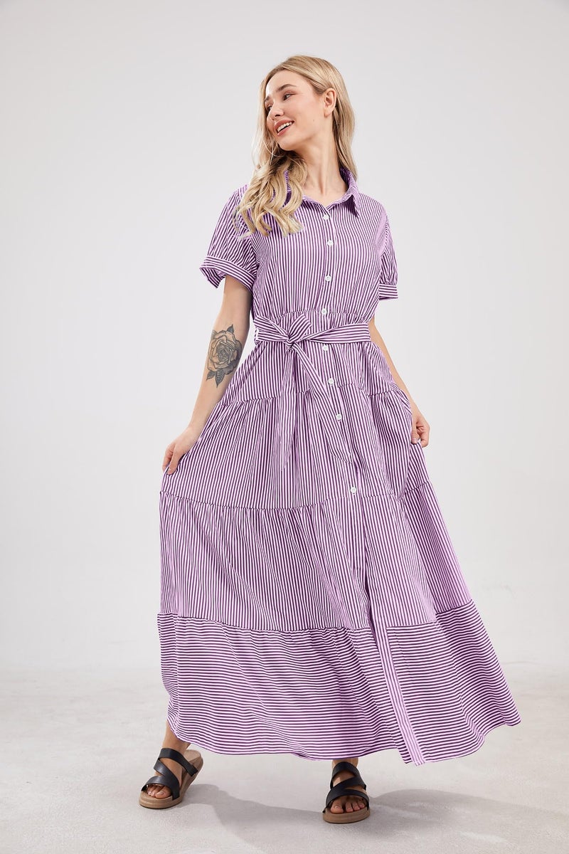 utcoco Womens Casual Short Sleeve Button Down Tie Waist Ruffled Striped Maxi Shirt Dress (Large, Purple) - Image 3