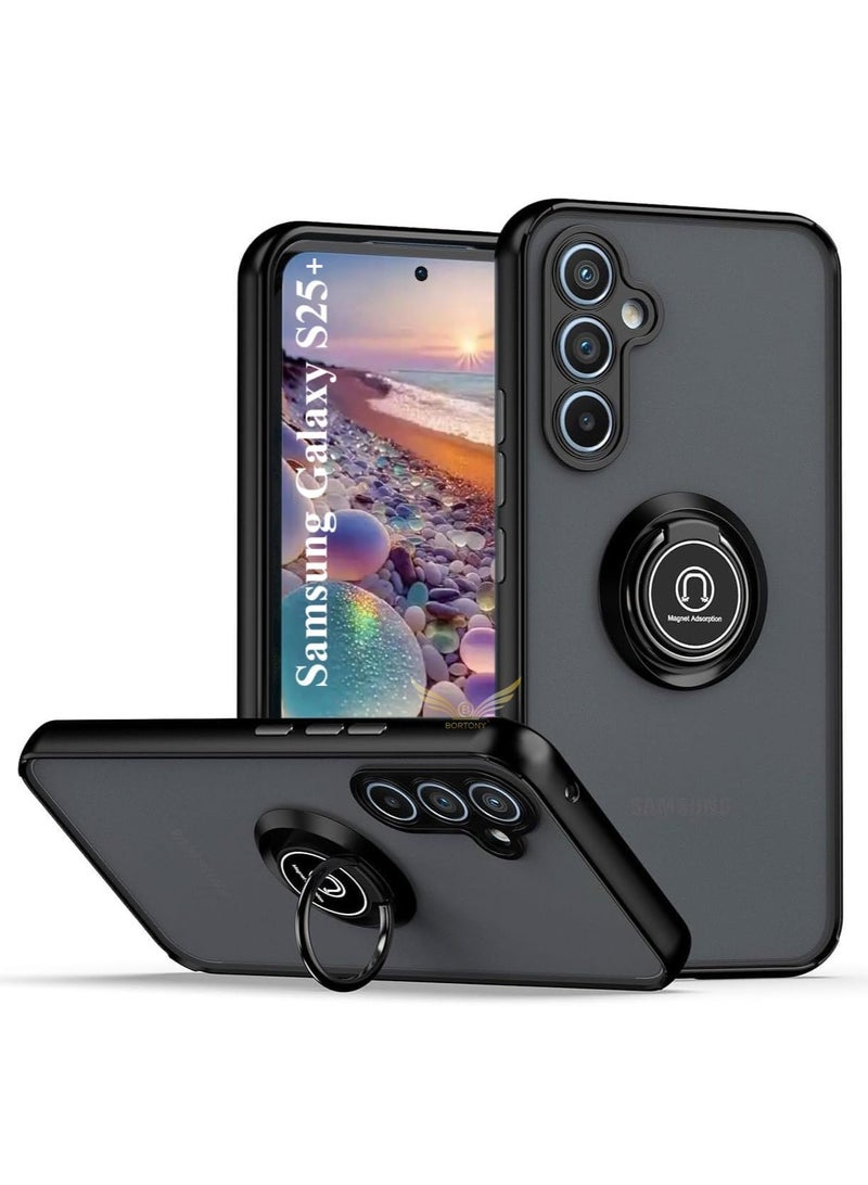 BORTONY Samsung Galaxy S25 Plus Kickstand Case Cover Rotational Metal Ring Shockproof Bumper Matte Finish Magnetic Car Mount Cover For Samsung Galaxy S25 Plus - Image 1