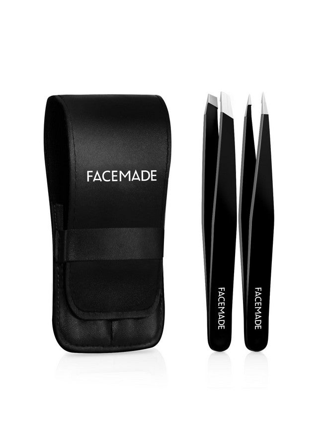 FACEMADE 2 Pack Tweezers Set - Professional Stainless Steel Tweezers for Men and Women, Precision Eyebrow Tweezers for Facial Hair, Chin, and Ingrown Hair Removal (Black) - Image 1