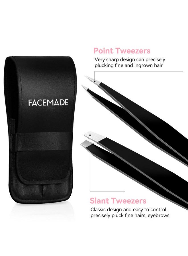FACEMADE 2 Pack Tweezers Set - Professional Stainless Steel Tweezers for Men and Women, Precision Eyebrow Tweezers for Facial Hair, Chin, and Ingrown Hair Removal (Black) - Image 3