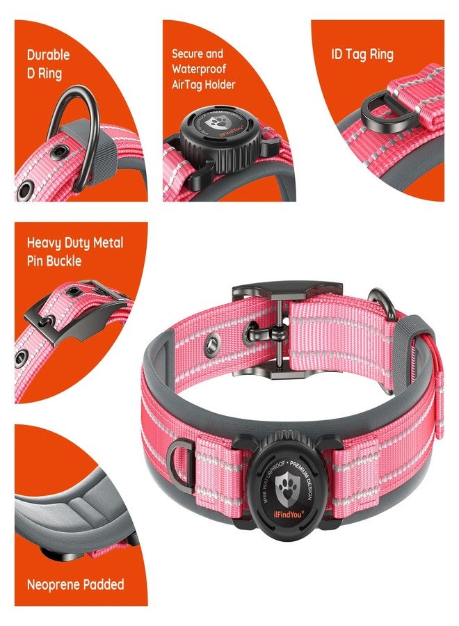 ILFINDYOU Dog Collar with Airtag Holder for Medium Dogs, Waterproof Air Tag Dog Collar Widened Comfortable Padded, Reflective, Ultra-Durable, Heavy Duty Dog Collars Adjustable - M(17" - 19") Rose Red - Image 4