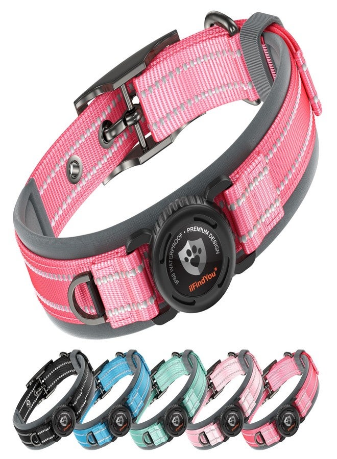 ILFINDYOU Dog Collar with Airtag Holder for Medium Dogs, Waterproof Air Tag Dog Collar Widened Comfortable Padded, Reflective, Ultra-Durable, Heavy Duty Dog Collars Adjustable - M(17" - 19") Rose Red - Image 1