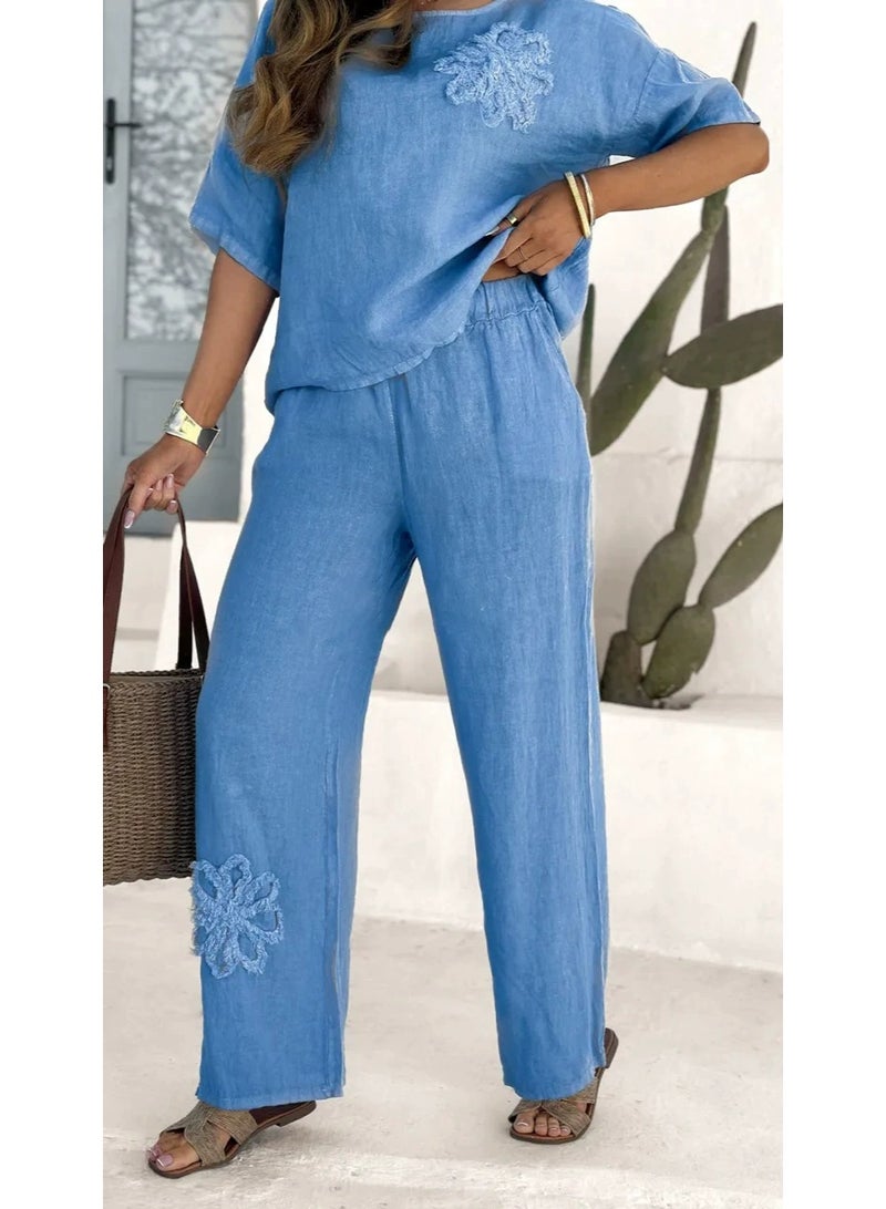 general TIAFORD Womens Summer Linen 2 Piece Outfits Sunflower Short Sleeve Top and High Waist Wide leg Pants Trendy Casual Loose Sets - Image 1