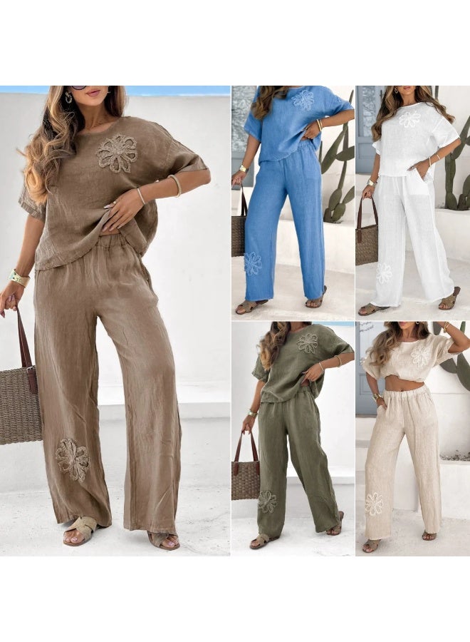 general TIAFORD Womens Summer Linen 2 Piece Outfits Sunflower Short Sleeve Top and High Waist Wide leg Pants Trendy Casual Loose Sets - Image 2