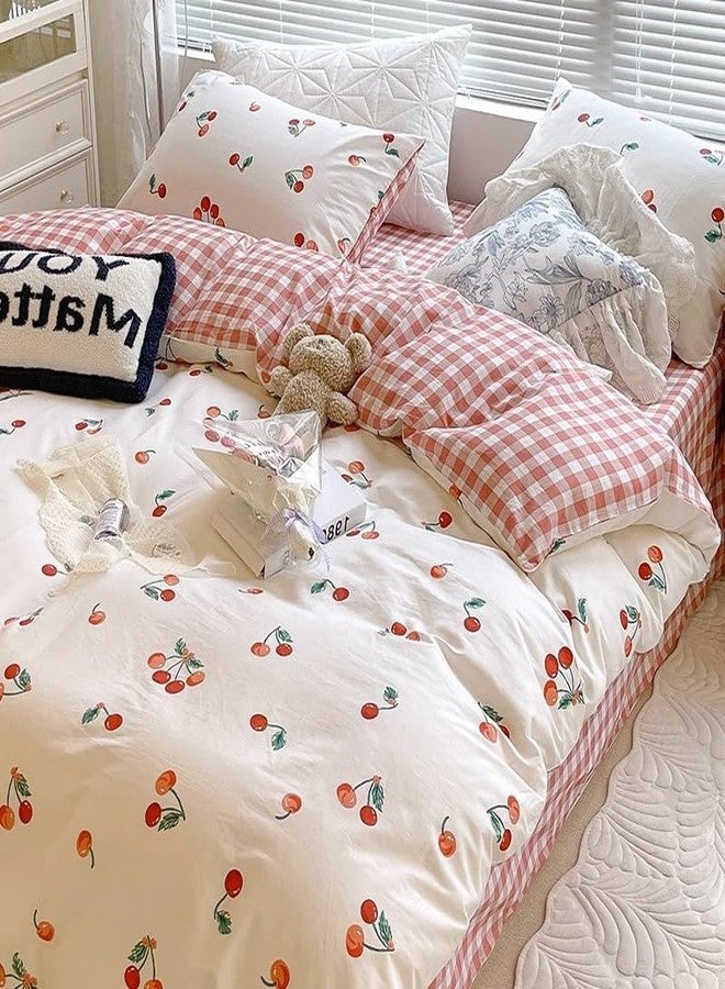 Bildenly Twin Size Duvet Cover - White & Red Cherry Pattern on Side A, Checked Pattern on Side B, Comforter Cover Soft & Lightweight Microfiber Quilt Cover with Zipper Closure and 1 Pillowcase - Image 1