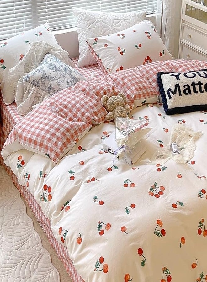 Bildenly Twin Size Duvet Cover - White & Red Cherry Pattern on Side A, Checked Pattern on Side B, Comforter Cover Soft & Lightweight Microfiber Quilt Cover with Zipper Closure and 1 Pillowcase - Image 2