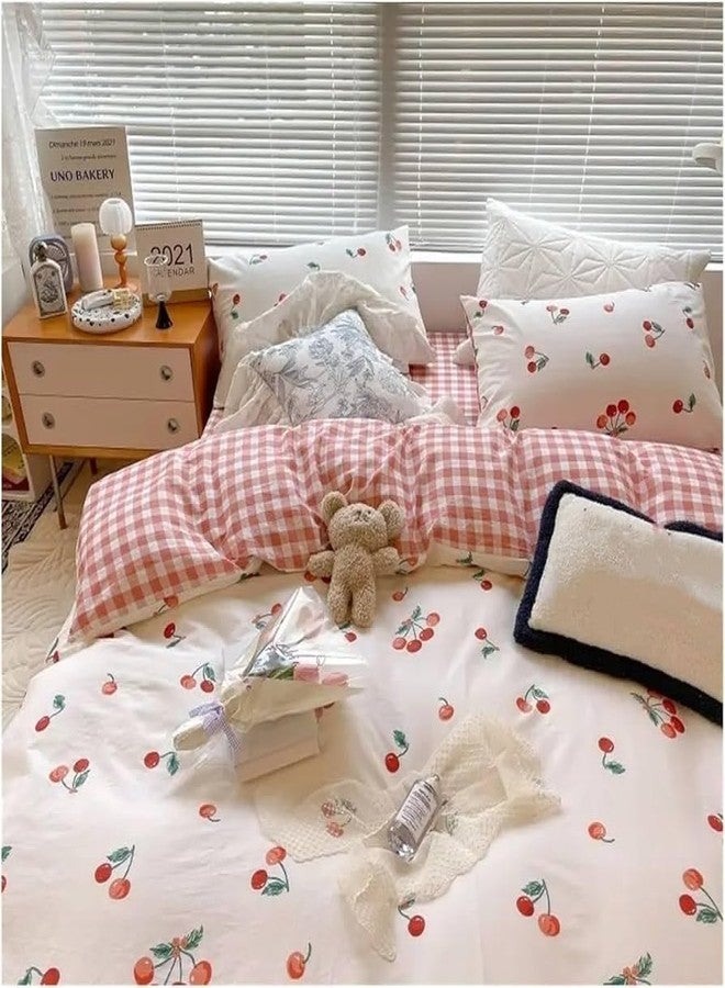 Bildenly Twin Size Duvet Cover - White & Red Cherry Pattern on Side A, Checked Pattern on Side B, Comforter Cover Soft & Lightweight Microfiber Quilt Cover with Zipper Closure and 1 Pillowcase - Image 3