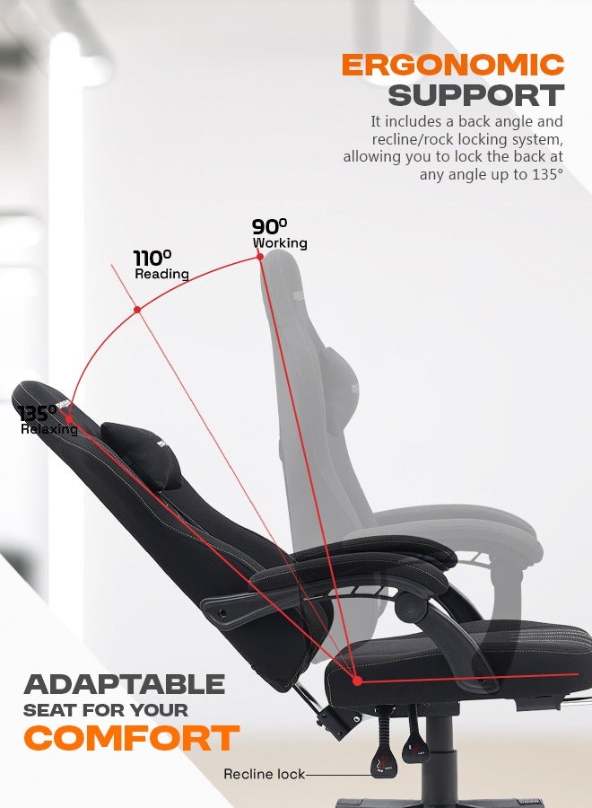 DROGO Premium Ergonomic Gaming Chair, Video Game Chair with Linkage Armrest, Footrest & Adjustable Seat Computer Chair with Fabric Material, Head & Lumbar Pillow Home & Office Chair with Recline Black  - Image 5