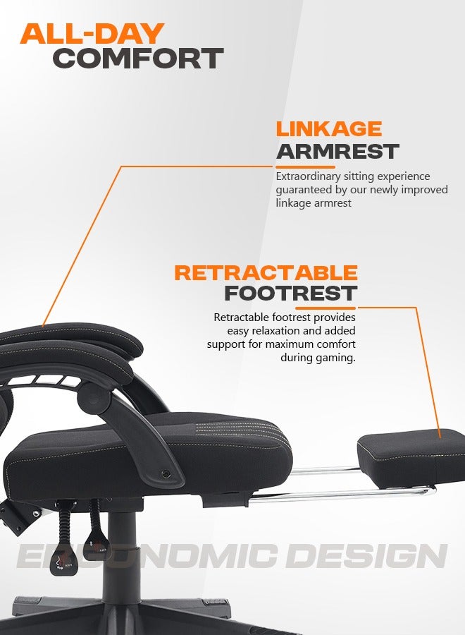 DROGO Premium Ergonomic Gaming Chair, Video Game Chair with Linkage Armrest, Footrest & Adjustable Seat Computer Chair with Fabric Material, Head & Lumbar Pillow Home & Office Chair with Recline Black  - Image 3