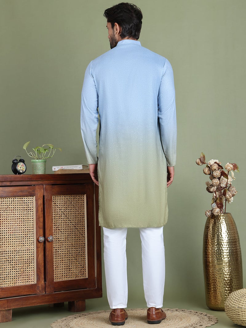 PRASHA Sequins and Ombre Design Kurta Pyjama Set For Men ( JOKP 5154Firozi ) - Image 3
