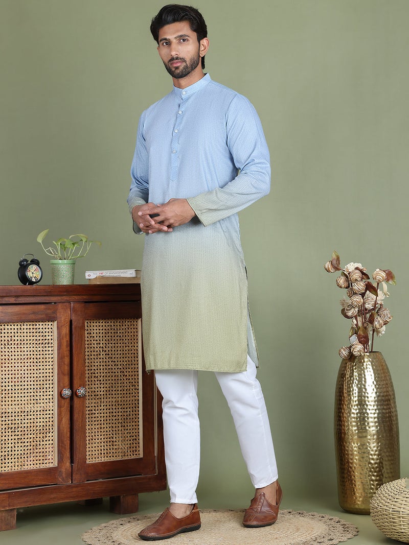 PRASHA Sequins and Ombre Design Kurta Pyjama Set For Men ( JOKP 5154Firozi ) - Image 2