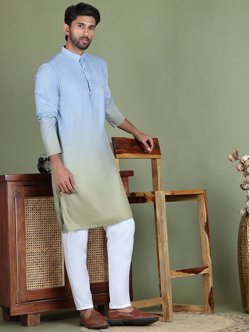 PRASHA Sequins and Ombre Design Kurta Pyjama Set For Men ( JOKP 5154Firozi ) - Image 1
