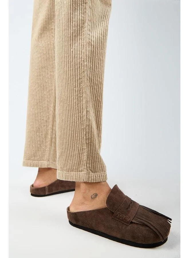 Madora Women's Genuine Leather Fringed Sabo Coffee Slippers.