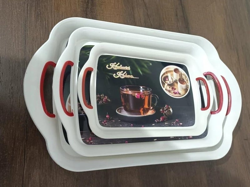 Naivete Printed Design Plastic Serving Rectangular Tray with Handle for Kitchen, Dining, Serving and Desk Tray Set (Small, Medium, Large) Pack of 3, (Multi Colour) - Image 5