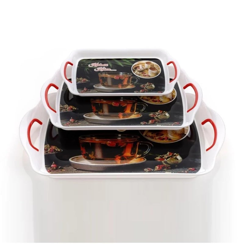 Naivete Printed Design Plastic Serving Rectangular Tray with Handle for Kitchen, Dining, Serving and Desk Tray Set (Small, Medium, Large) Pack of 3, (Multi Colour) - Image 1
