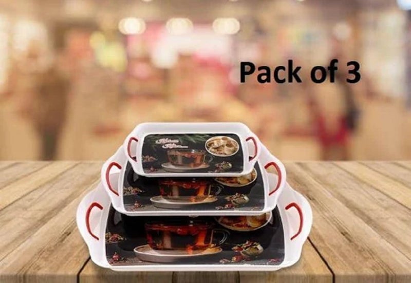 Naivete Printed Design Plastic Serving Rectangular Tray with Handle for Kitchen, Dining, Serving and Desk Tray Set (Small, Medium, Large) Pack of 3, (Multi Colour) - Image 2
