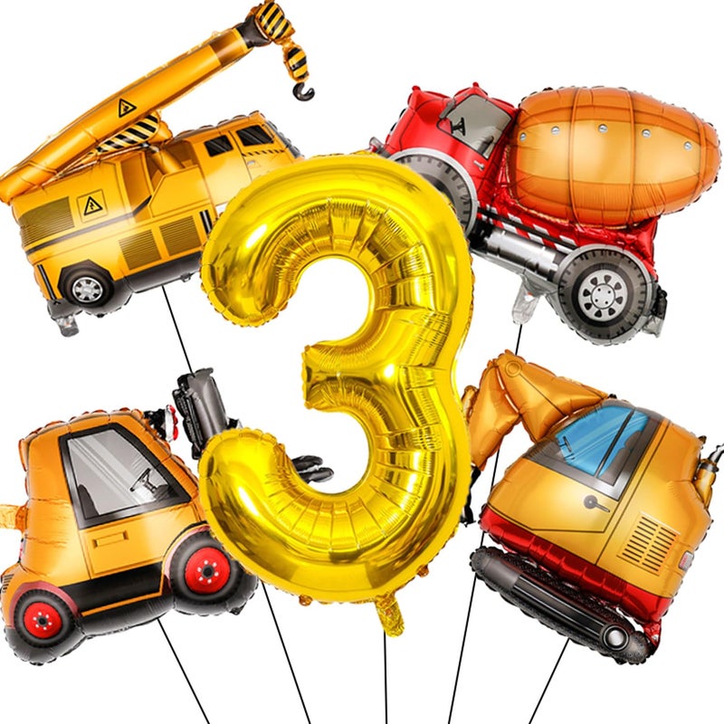 Tagberoy Construction Birthday Party Supplies 3 Year Old, Large Construction Balloons 40Inch Gold Number 3 Balloon Construction Truck Foil Balloons for Boys 3rd Construction Birthday Party Decorations - Image 1