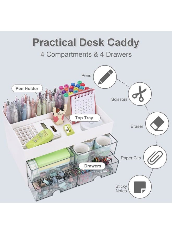 Meiikun Desk Organizer Plastic Pen Organizer with 4 Drawer, 3 Compartment & a Top Tray, Pencil Holder for Desktop, Desk Organizers and Accessories, Office Home Organization, 8.3" x 5.6" x 4.8" (White) - Image 3