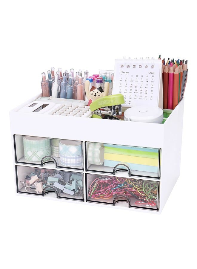 Meiikun Desk Organizer Plastic Pen Organizer with 4 Drawer, 3 Compartment & a Top Tray, Pencil Holder for Desktop, Desk Organizers and Accessories, Office Home Organization, 8.3" x 5.6" x 4.8" (White) - Image 1