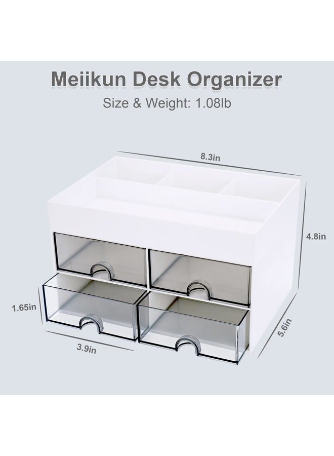 Meiikun Desk Organizer Plastic Pen Organizer with 4 Drawer, 3 Compartment & a Top Tray, Pencil Holder for Desktop, Desk Organizers and Accessories, Office Home Organization, 8.3" x 5.6" x 4.8" (White) - Image 2
