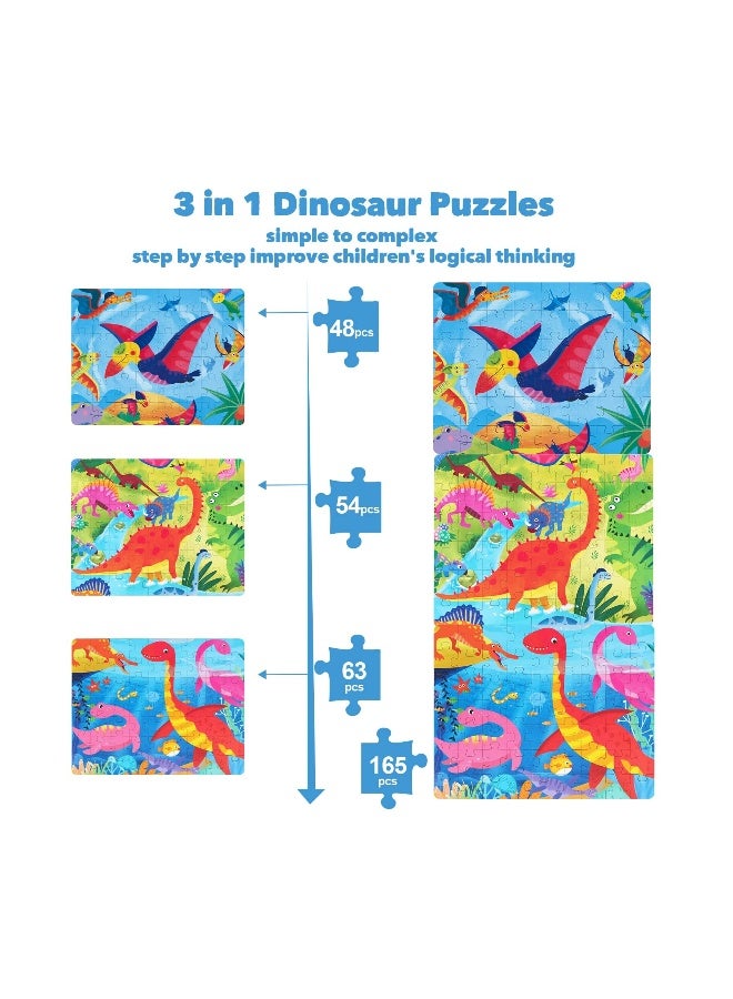 Jigsaw Puzzles, Enlightenment Wooden Toys Big Block 3 in 1 for Kids Ages 3-5 Years Old Preschool Educational Learning Gift, 3 Pack 48-60 Pieces Dinosaur Children Puzzles for Toddler Boys and Girls - Image 3