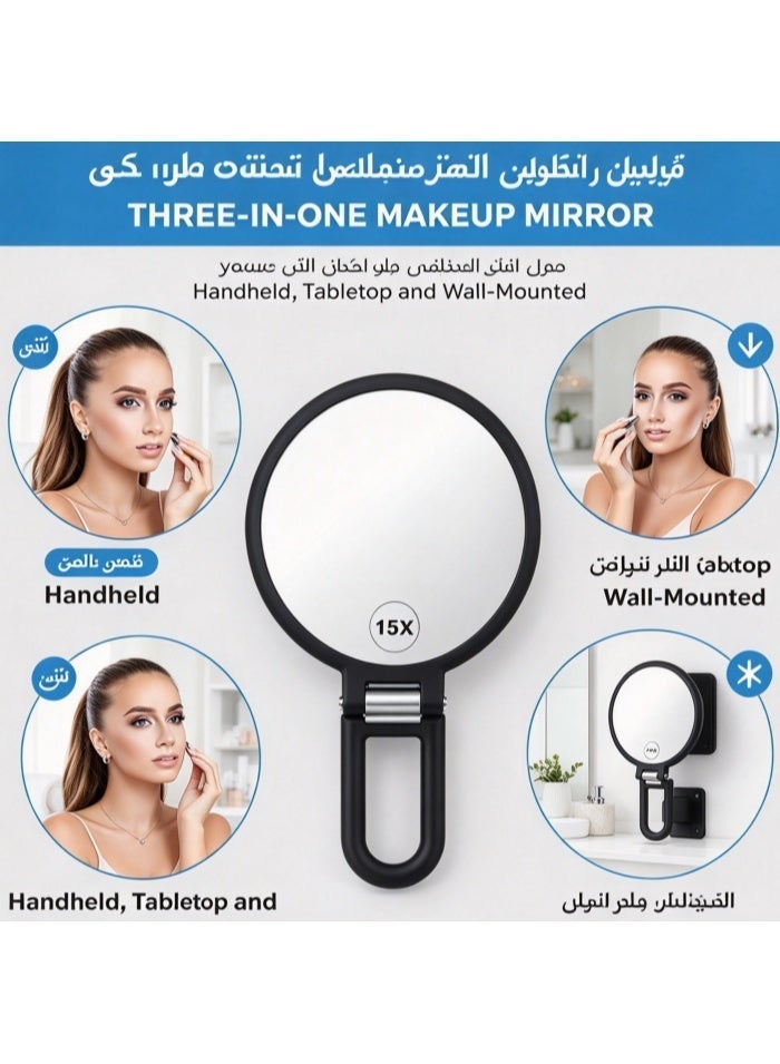 L LULONG Black Double-Sided Magnifying Makeup Mirror with 1X and 15X Magnification Foldable Rotating Handheld Mirror for Vanity Desk Travel Beauty Care - Image 5