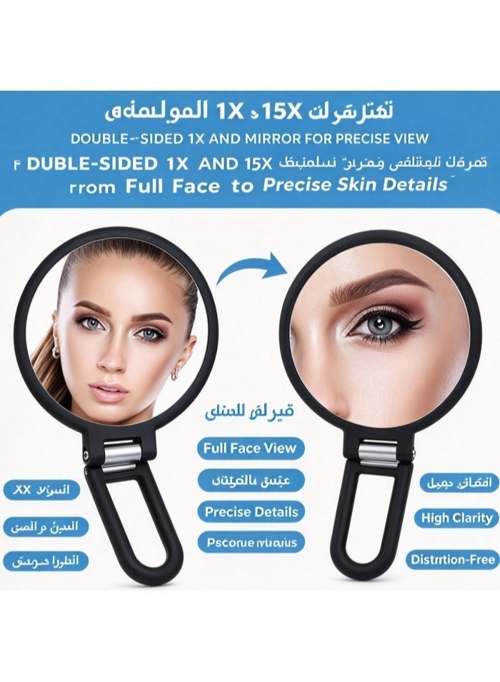 L LULONG Black Double-Sided Magnifying Makeup Mirror with 1X and 15X Magnification Foldable Rotating Handheld Mirror for Vanity Desk Travel Beauty Care - Image 2