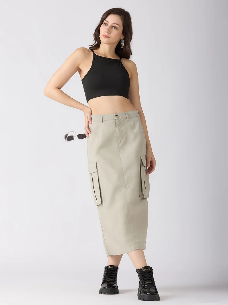 globus Women Stretchable Solid Mid-Rise Straight Fit Midi Cargo Skirt