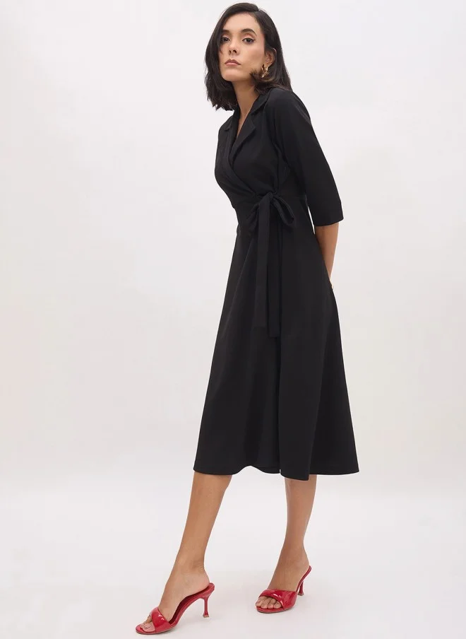 SASSAFRAS Black Wrap Midi Dress For Women