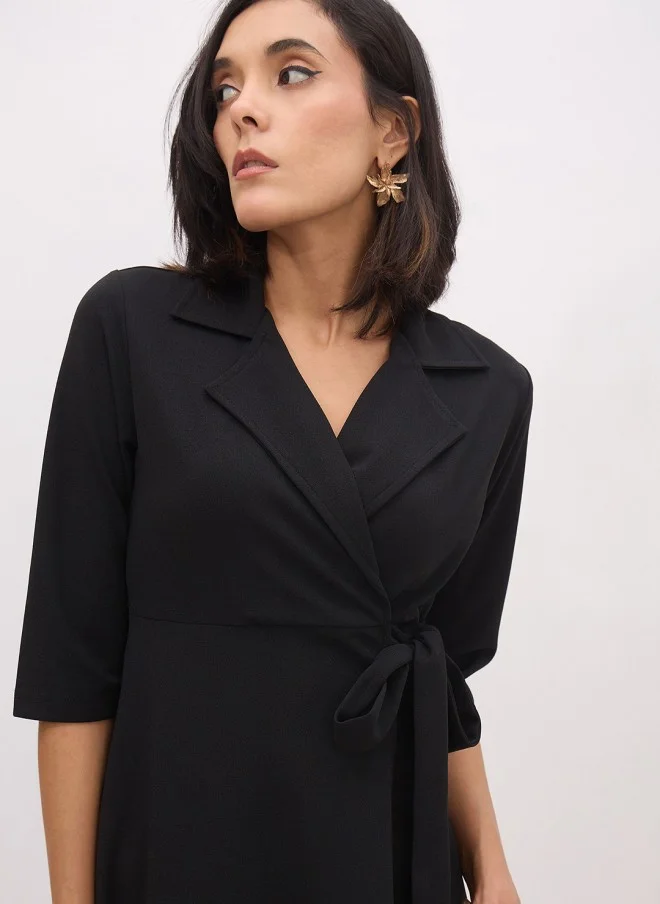 SASSAFRAS Black Wrap Midi Dress For Women