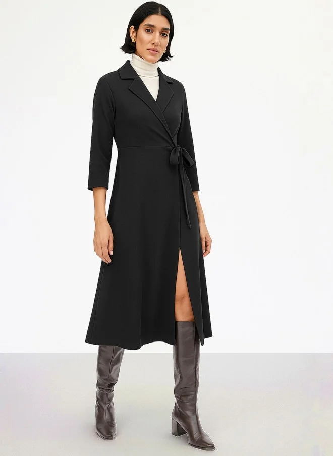 SASSAFRAS Black Wrap Midi Dress For Women