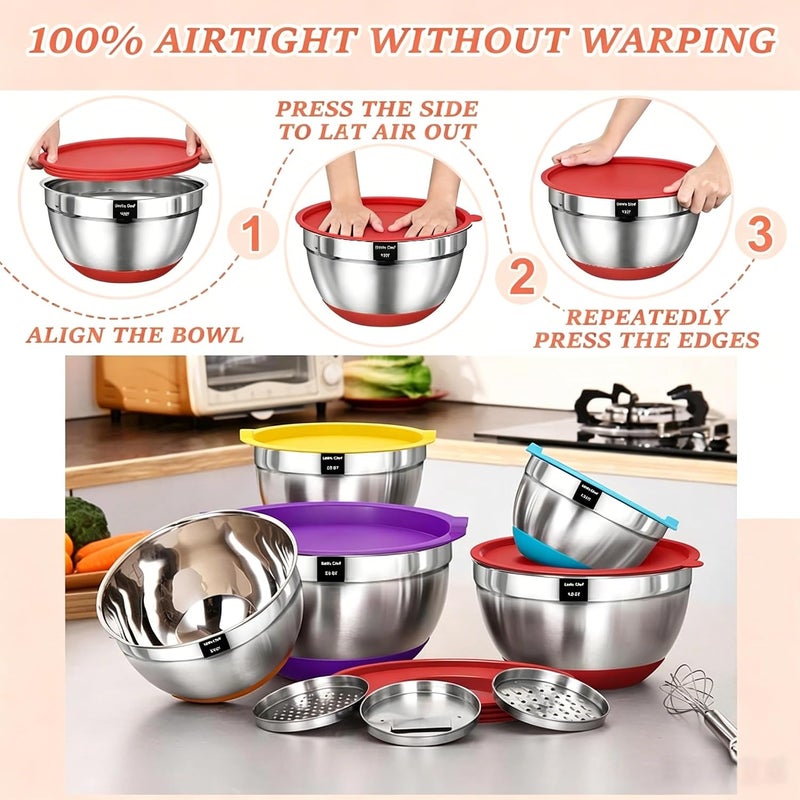 Umite Chef Mixing Bowls with Airtight Lids Set, 8PCS Stainless Steel Nesting Bowls Set, 3 Grater Attachments & Non-Slip Bottoms, Size 5, 4, 3.5, 2, 1.5QT for Baking & Mixing(Colorful) - Image 4