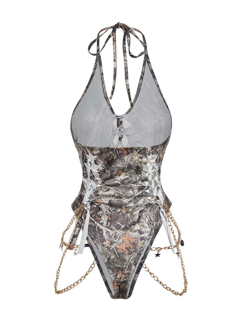 Floerns Women's Gothic Cut Out Lace Up Bodysuit Going Out Halter Neck Rave Body Suits Camo Medium - Image 2