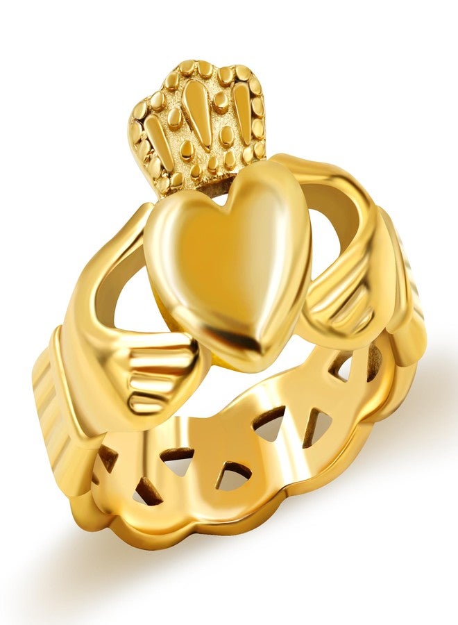 Uloveido Gold Celtic Knot Band Hand Holding Heart Claddagh Rings Stainless Steel Love Heart Crown Ring for Women Men YA4493 (Size 9) - Image 1
