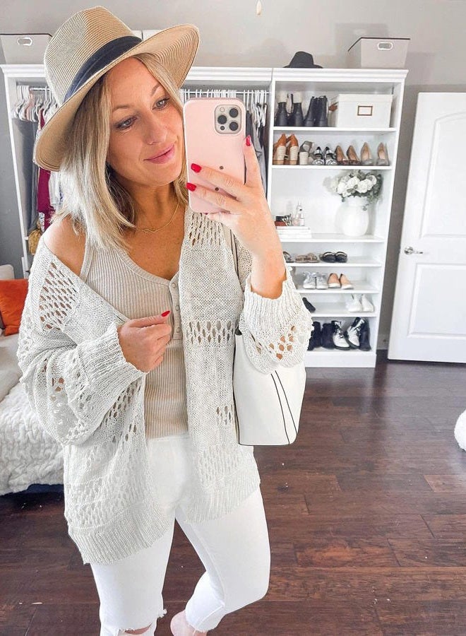 Ermonn Womens Crochet Cardigan Kimono Boho Long Sleeve Lightweight Soft Oversized Open Front Knitted Sweater Camel - Image 3