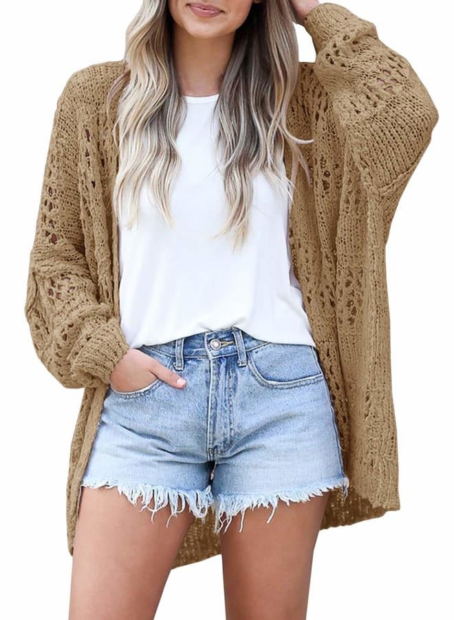Ermonn Womens Crochet Cardigan Kimono Boho Long Sleeve Lightweight Soft Oversized Open Front Knitted Sweater Camel - Image 1