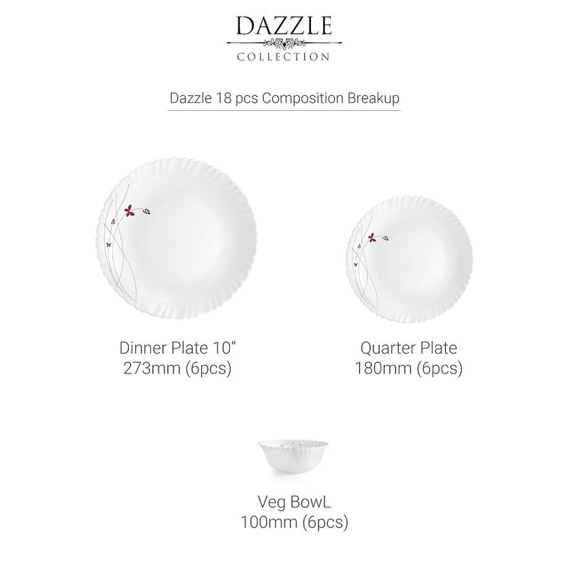 Cello Cello Opalware Dazzle Series Lush Fiesta Dinner Set, 18 Units | Opal Glass Dinner Set for 6 | Light-Weight, Daily Use Crockery Set for Dining | White Plate and Bowl Set  - Image 4