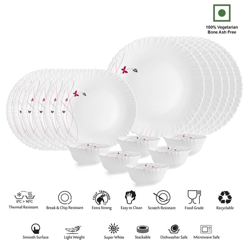 Cello Cello Opalware Dazzle Series Lush Fiesta Dinner Set, 18 Units | Opal Glass Dinner Set for 6 | Light-Weight, Daily Use Crockery Set for Dining | White Plate and Bowl Set  - Image 3