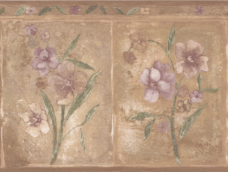 Purple Beige Flowers Brown Wallpaper Border Rectangular Geometric Design Roll 15 x 8