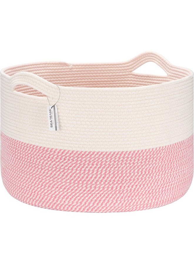 Sea Team Sea Team XXXL Cotton Rope Basket, Large Woven Nursery Storage Bin, Laundry Hamper, Jumbo Blanket Basket for Rugs, Cushions, Pillows, Toys Organizer, 22 x 14 Inches, White & Mottled Pink  - Image 1