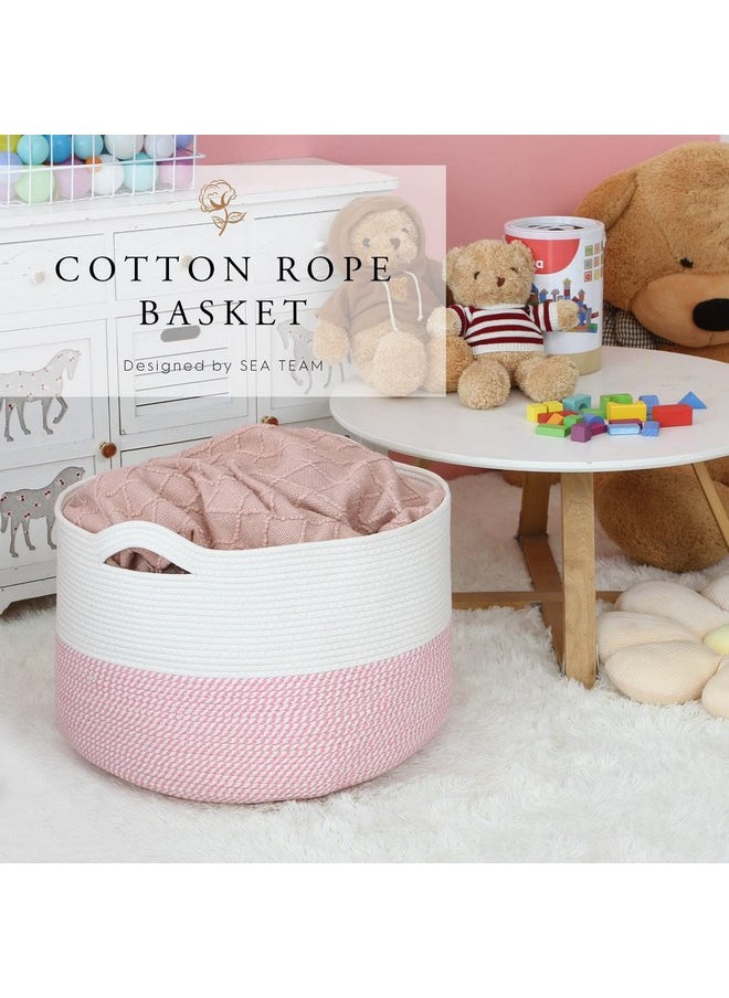 Sea Team Sea Team XXXL Cotton Rope Basket, Large Woven Nursery Storage Bin, Laundry Hamper, Jumbo Blanket Basket for Rugs, Cushions, Pillows, Toys Organizer, 22 x 14 Inches, White & Mottled Pink  - Image 3