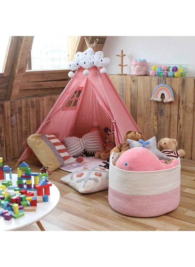 Sea Team Sea Team XXXL Cotton Rope Basket, Large Woven Nursery Storage Bin, Laundry Hamper, Jumbo Blanket Basket for Rugs, Cushions, Pillows, Toys Organizer, 22 x 14 Inches, White & Mottled Pink  - Image 4