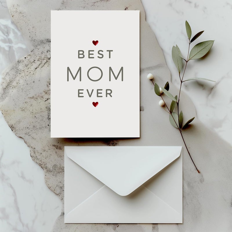Paper Play Mother's Day Card (Best Mom Ever) - Elegant Mothers Day Card with Envelope, Red Embossed Foil Hearts 4 x 6 Inches - Image 3