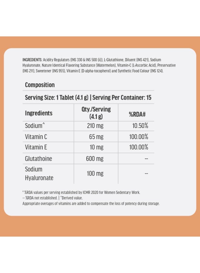HK Vitals Glutathione - 15 Effervescent Tablets | L-Glutathione Tablets with Vitamin C & E, for Skin Glow & Hydration, No Added Sugar, Watermelon Flavour (Pack of 2) - Image 2