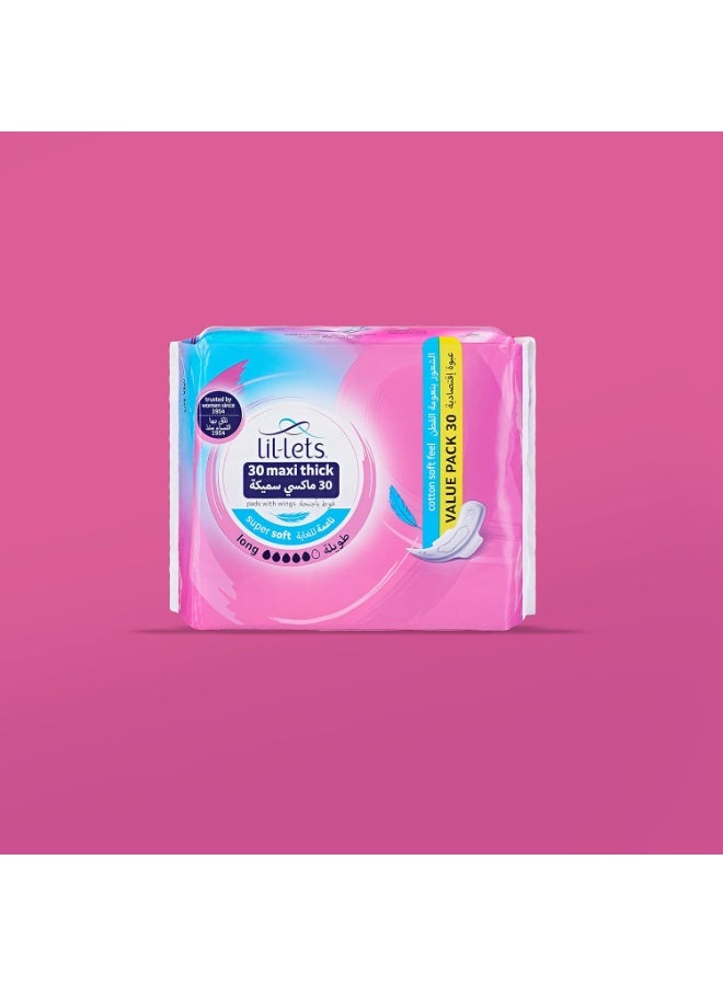 Lil-Lets Maxi Thick Long Super Soft Cotton Pads With Wings 30Pads - Image 2
