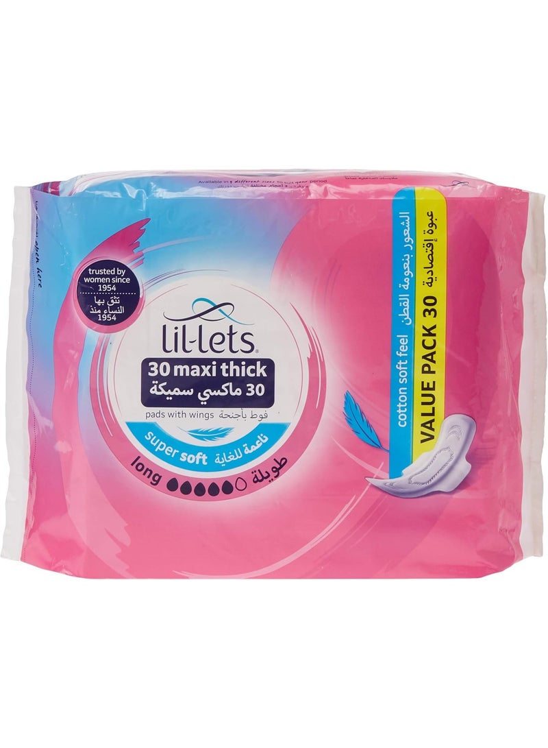 Lil-Lets Maxi Thick Long Super Soft Cotton Pads With Wings 30Pads - Image 1