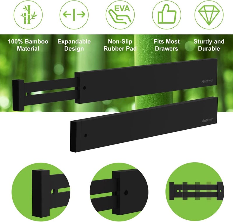 ANTOWIN Bamboo Drawer Dividers Organizers, Drawer Separators Splitter,17-22 inches Long Adjustable Spring-loaded Organizer for Large Utensil, Clothes, Tools Drawers (Black) - Image 2