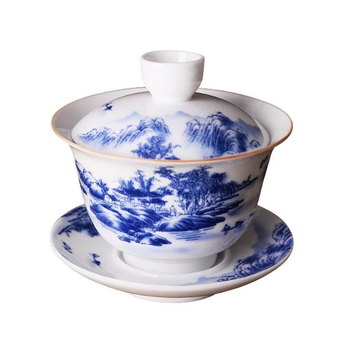 JINGDEZHEN CHINESE GAIWAN HANDMADE 63OZ180ML MOUNTAIN STYLE CHINA BLUE AND WHITE PORCELAIN GAIWAN KUNGFU TEACUP TRADITIONAL CHINESE TEAWARE TEA SET