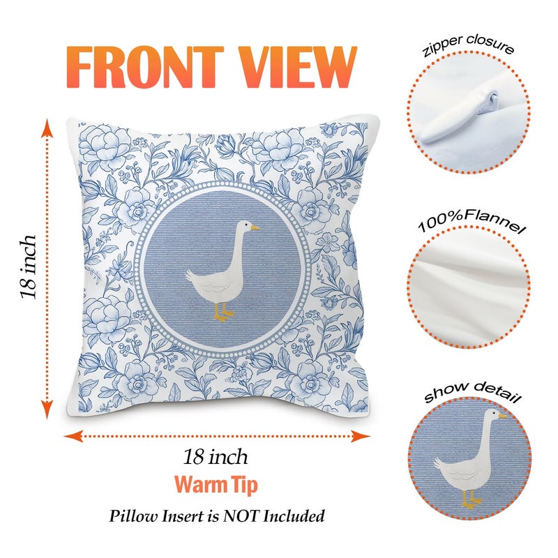 Nvotell Blue and White Chinoiserie Goose Pillow Covers 18x18, Goose Nursery Decor, Grandmillennial Floral Geese Decorative Throw Pillow Case Covers for Baby Little Girls Room Bedroom, Set of 2 - Image 5