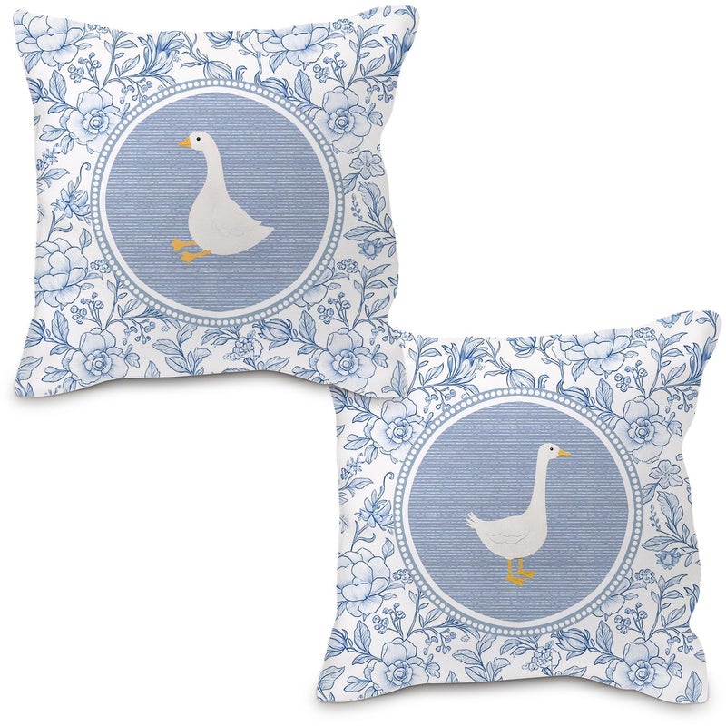 Nvotell Blue and White Chinoiserie Goose Pillow Covers 18x18, Goose Nursery Decor, Grandmillennial Floral Geese Decorative Throw Pillow Case Covers for Baby Little Girls Room Bedroom, Set of 2 - Image 1
